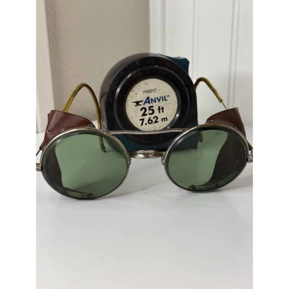 Vintage 1940s-50s Dockson Safety Welding Goggles Green Lens Leather